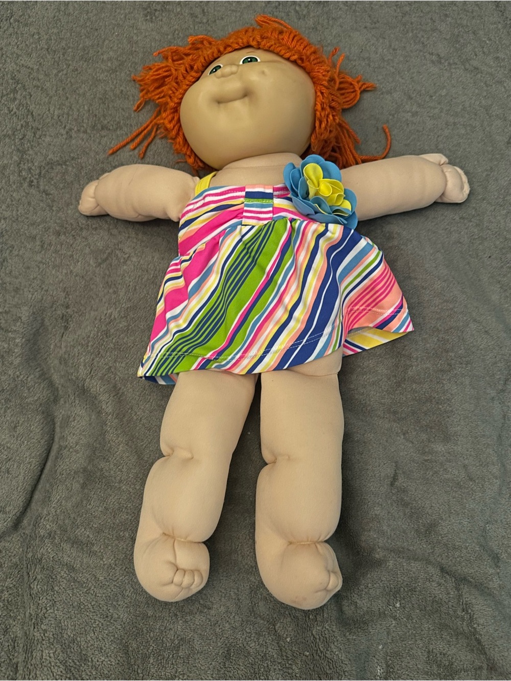 Soft Cloth Play Doll Red Yarn Hair Striped Dress, Signed Xavi Roca 1985